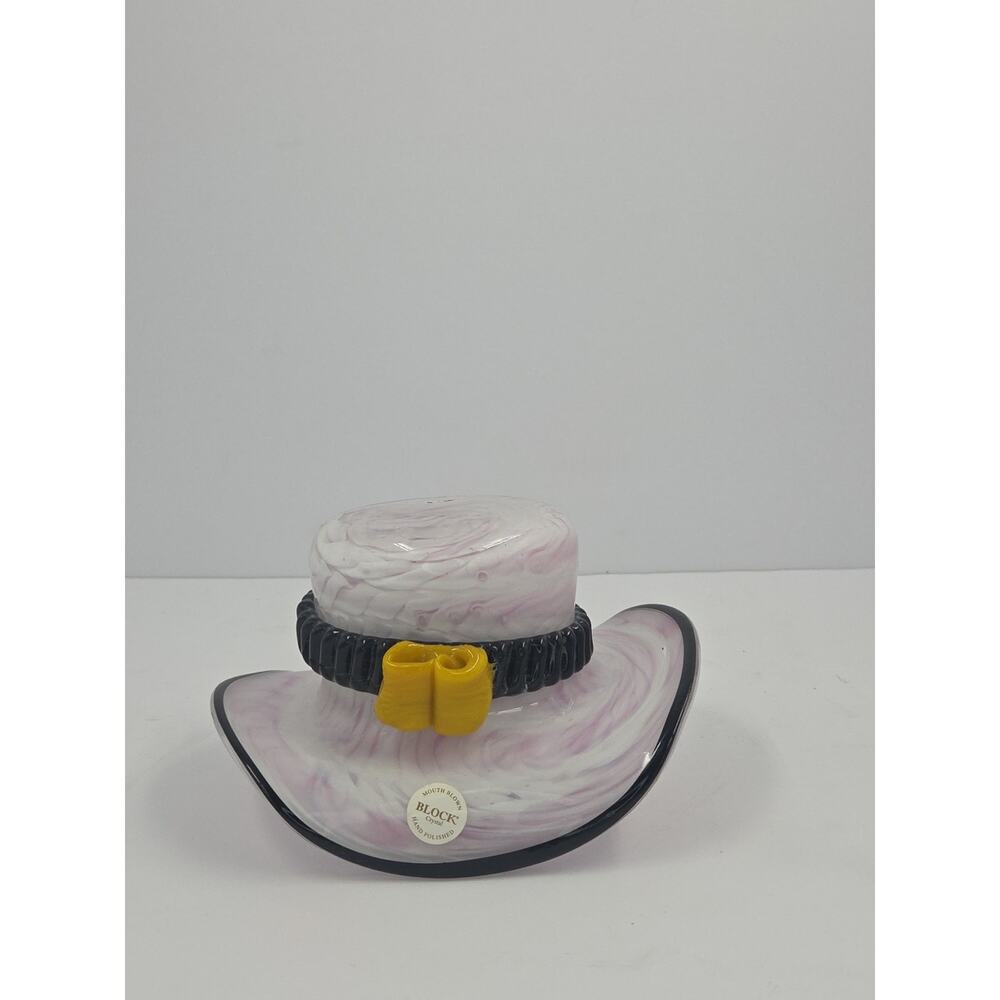 Block Crystal Art Glass Hat Candy Dish w/ Flower Mouth Blown Hand Polished